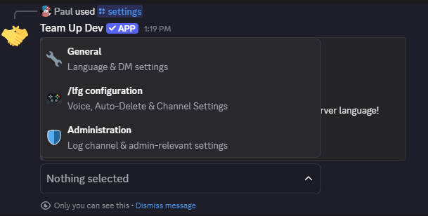 /settings Command Select Options